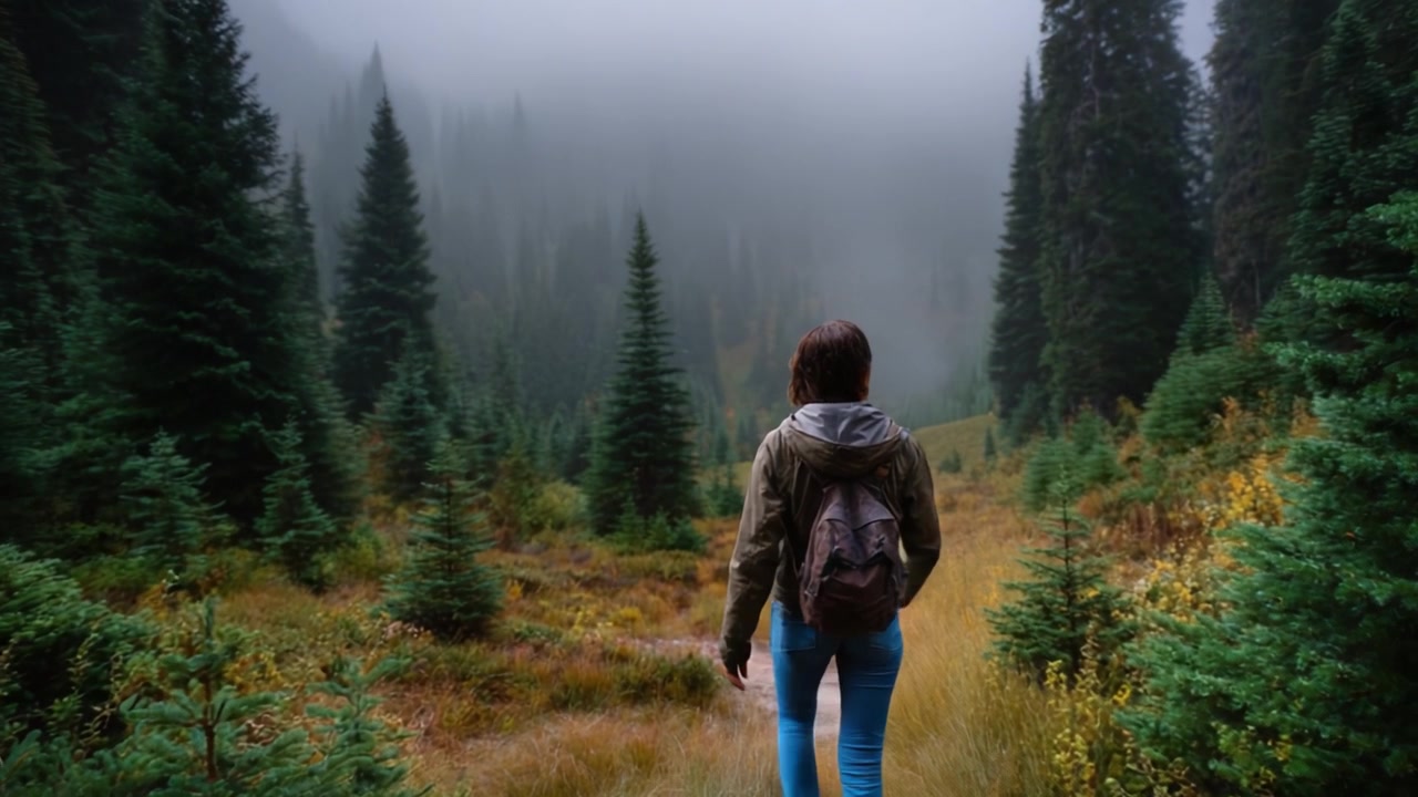 A solitary figure explores a misty forest landscape, surrounded by towering evergreen trees and a serene atmosphere, embodying tranquility and exploration.