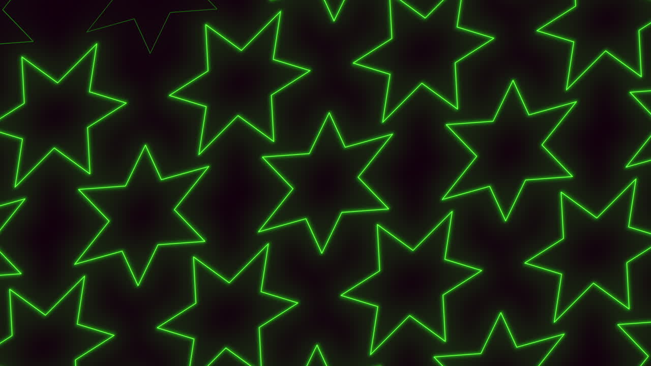 Symmetrical pattern of glowing green five-pointed stars on a black background, emanating a futuristic and cosmic vibe with their bright green light
