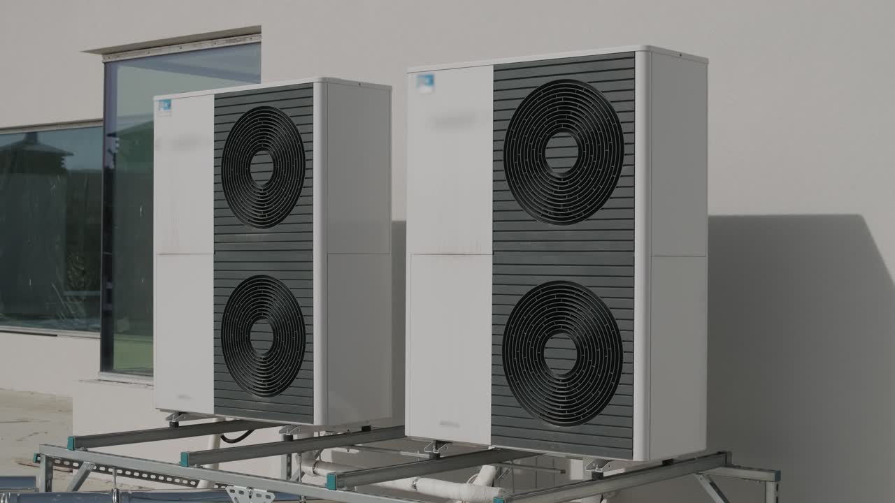 Outdoor heat pump units installed on modern building