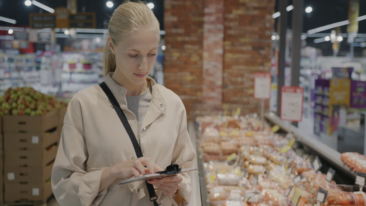 Женщина покупает продукты в супермаркете