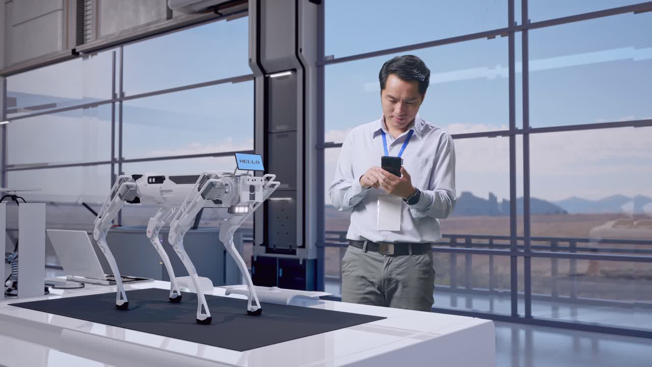 cuerpo lleno de un trabajador profesional masculino asiático de pie con su teléfono inteligente en una fábrica de alta tecnología, perro robot, trabajando continuamente