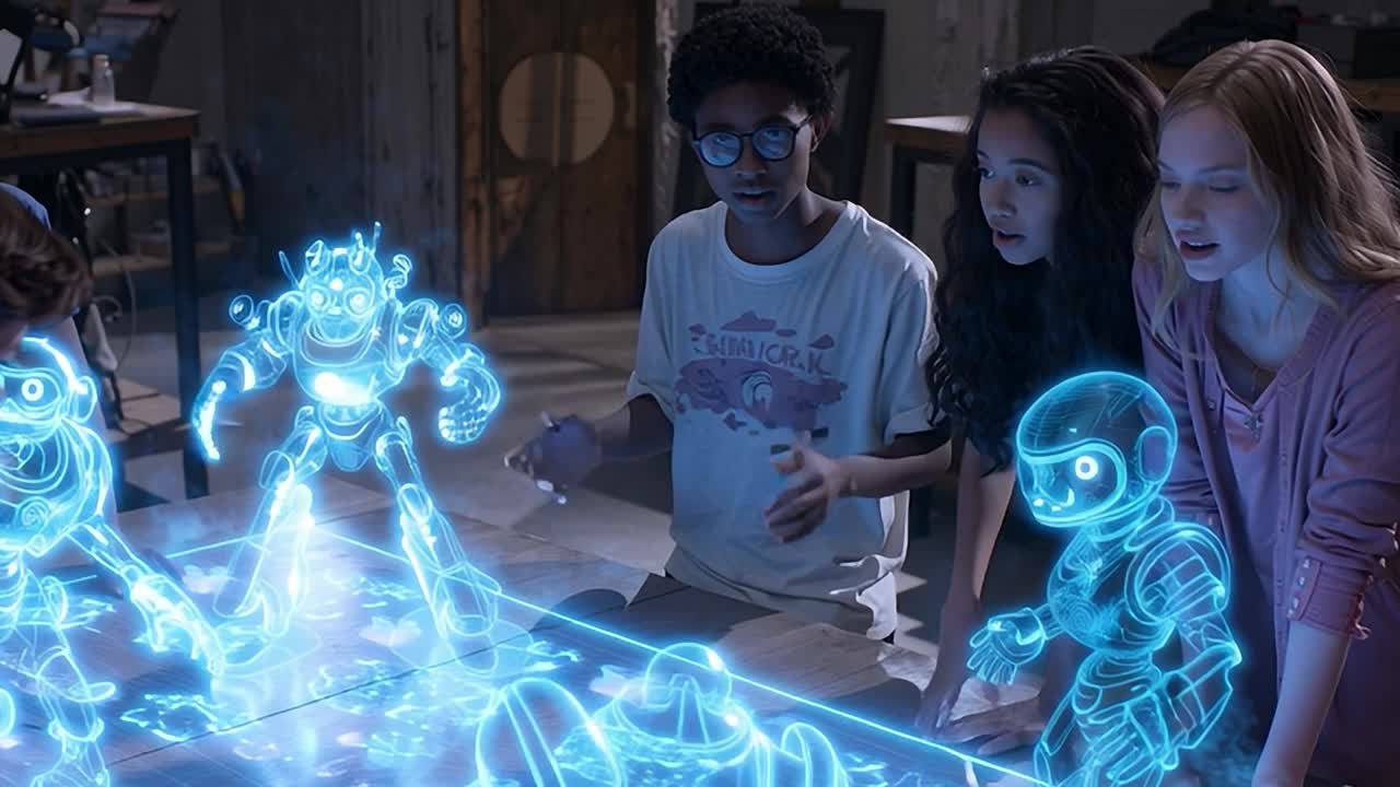 Children explore holographic robots in a futuristic gaming setting