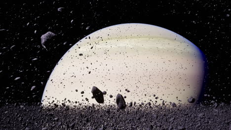 saturn surrounded by asteroids in deep space during cosmic exploration