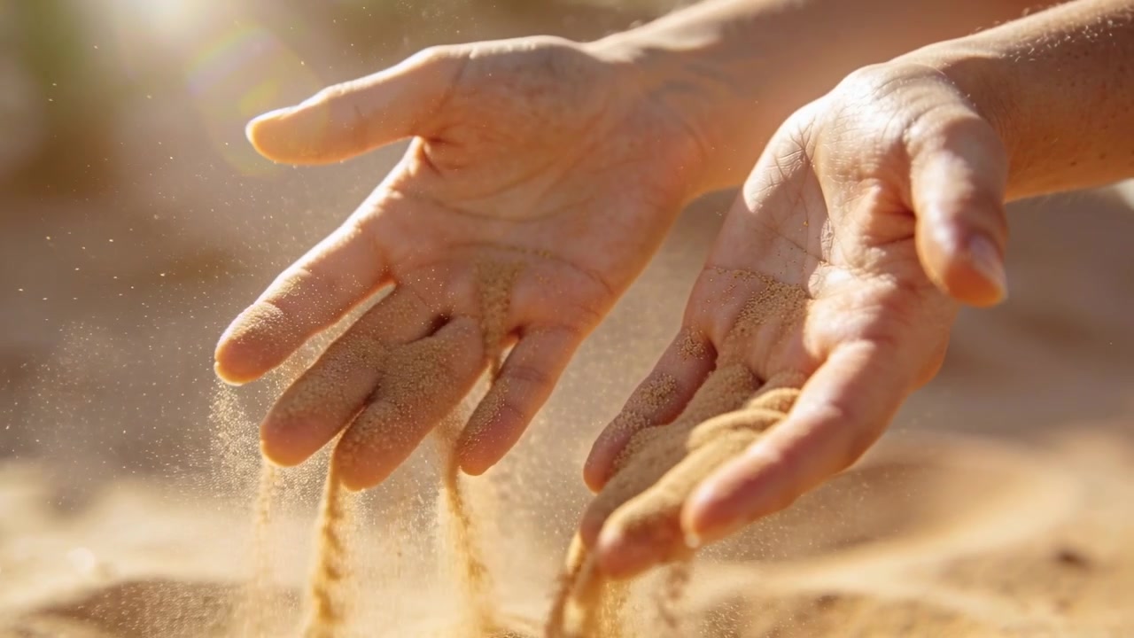 En persons hender med bare armer vipper og slipper ut strømmer av tørr sand ved en solbelyst sanddyne, og danner rygger.