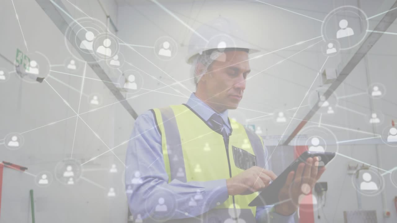 Facility inspector lifting tablet, tapping touchscreen while network overlay pulsing for inspection