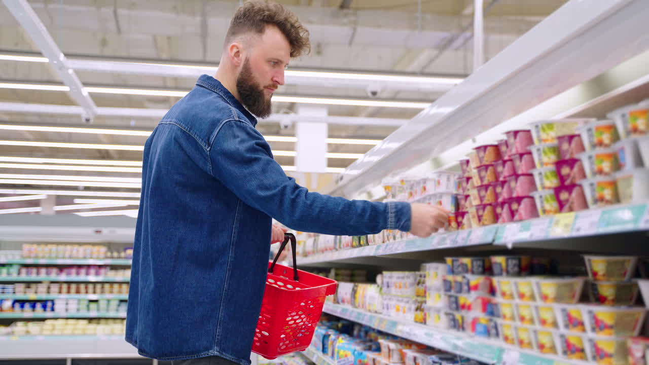 hombre comprando yogur en una tienda de comestibles