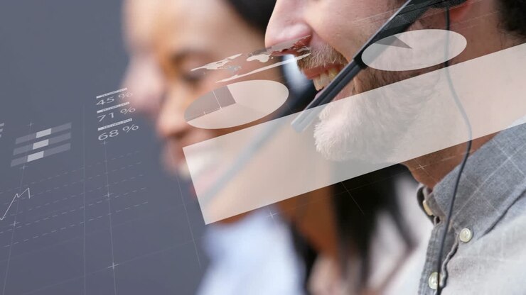 Animation of financial data processing over diverse business people using phone headsets