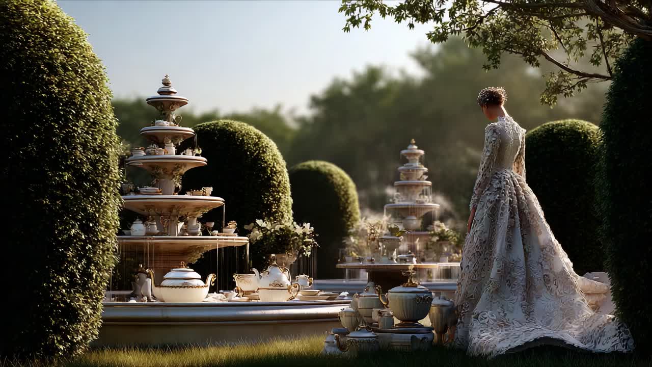 A stunning garden scene showcasing an elegant woman in a beautiful gown, standing near a magnificent fountain surrounded by lush greenery and exquisite tea sets, radiating tranquility