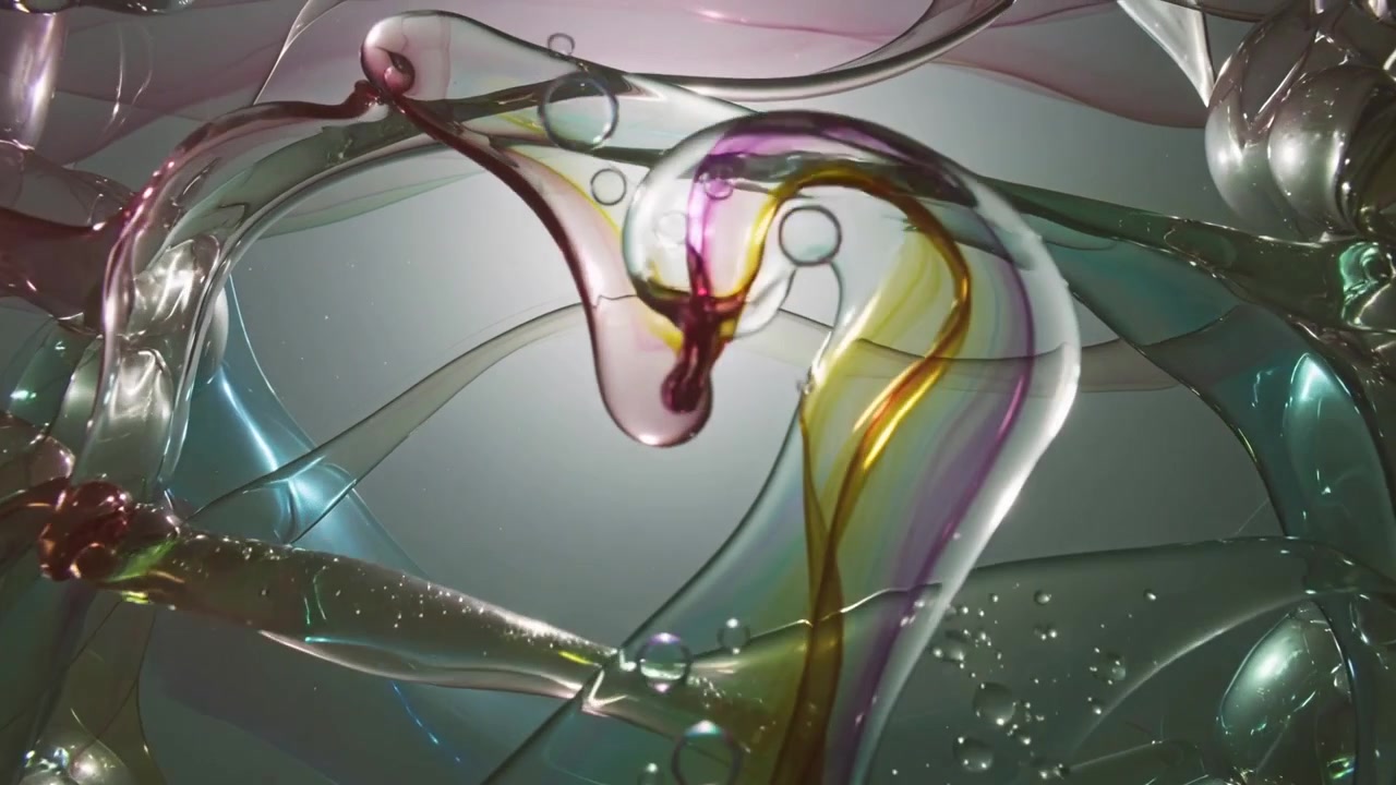 Entering magenta ribbon with bubbles, curling into bulb through membranes in lab, backlight halo