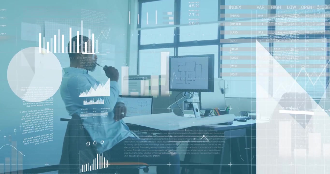 Businessman Analyzing Financial Data and Charts in Modern Office