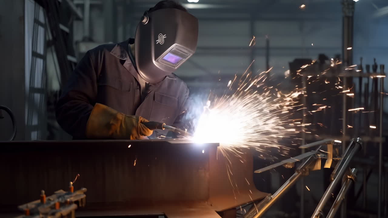 Welder Sparks Fly In Dim Factory Cutting Steel With Torch And Protective Helmet Gloves, Focused Operator