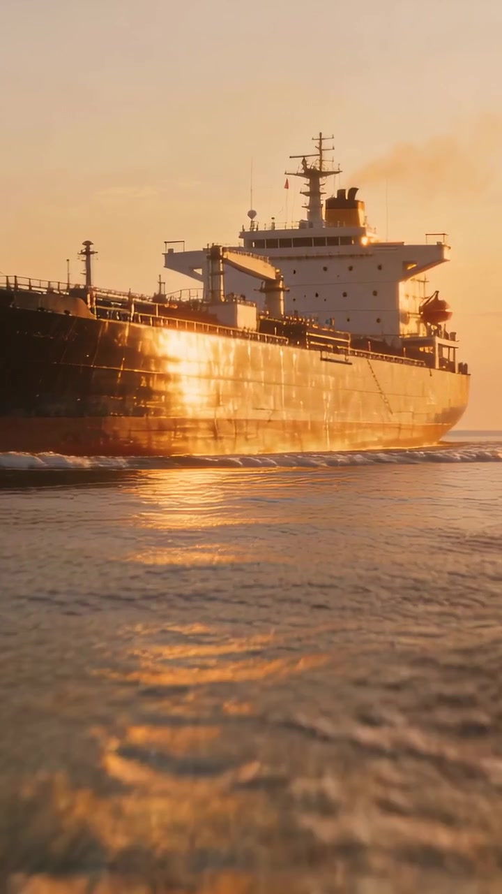 Vertical video: Entering tanker moving at sea from left at sunset, hull glinting and wake trailing