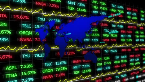 animation of data processing and stock market over world map on black background