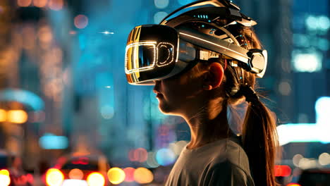 A girl wearing a virtual reality headset stands in front of a cityscape. The scene is illuminated by the lights of the city, creating a futuristic and otherworldly atmosphere