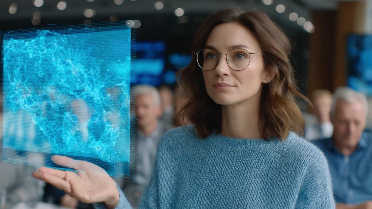 Engaging Presentation with Digital Visualization: A Professional Woman Demonstrating Advanced Data Insights at a Tech Conference