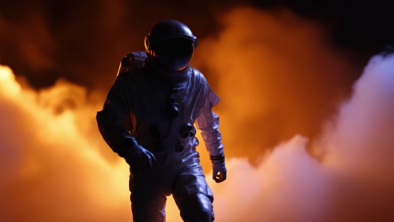 Un astronauta determinato emerge da eteree nuvole di fumo, avventurandosi nell'ignoto con ferrea risolutezza e un cuore coraggioso in un ambiente surreale.