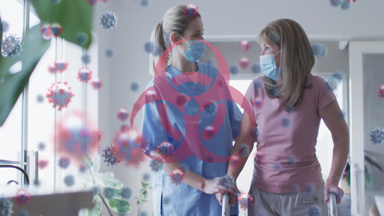 얼굴 마스크를 쓰고 있는 백인 노인 여성과 간호사 위에 바이러스 세포와 생물 위험 아이콘의 애니메이션