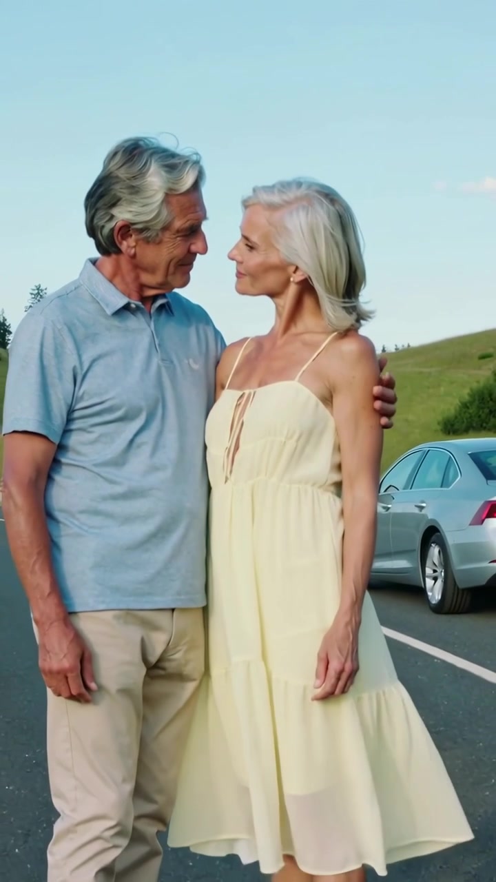 Video vertical: Acercándose, pareja con polo y vestido de verano abrazándose al borde de la carretera para consolarse, sedán plateado.