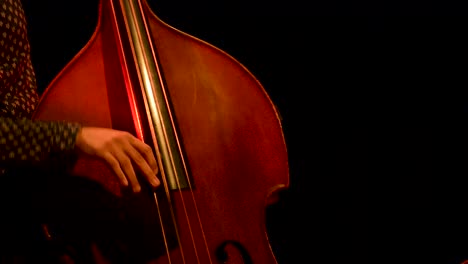 Jazzbassist-Bei-Einem-Konzert,-Theaterszene,-Kontrabass,-Video,-Gestoppte-Kamera,-Nahaufnahme