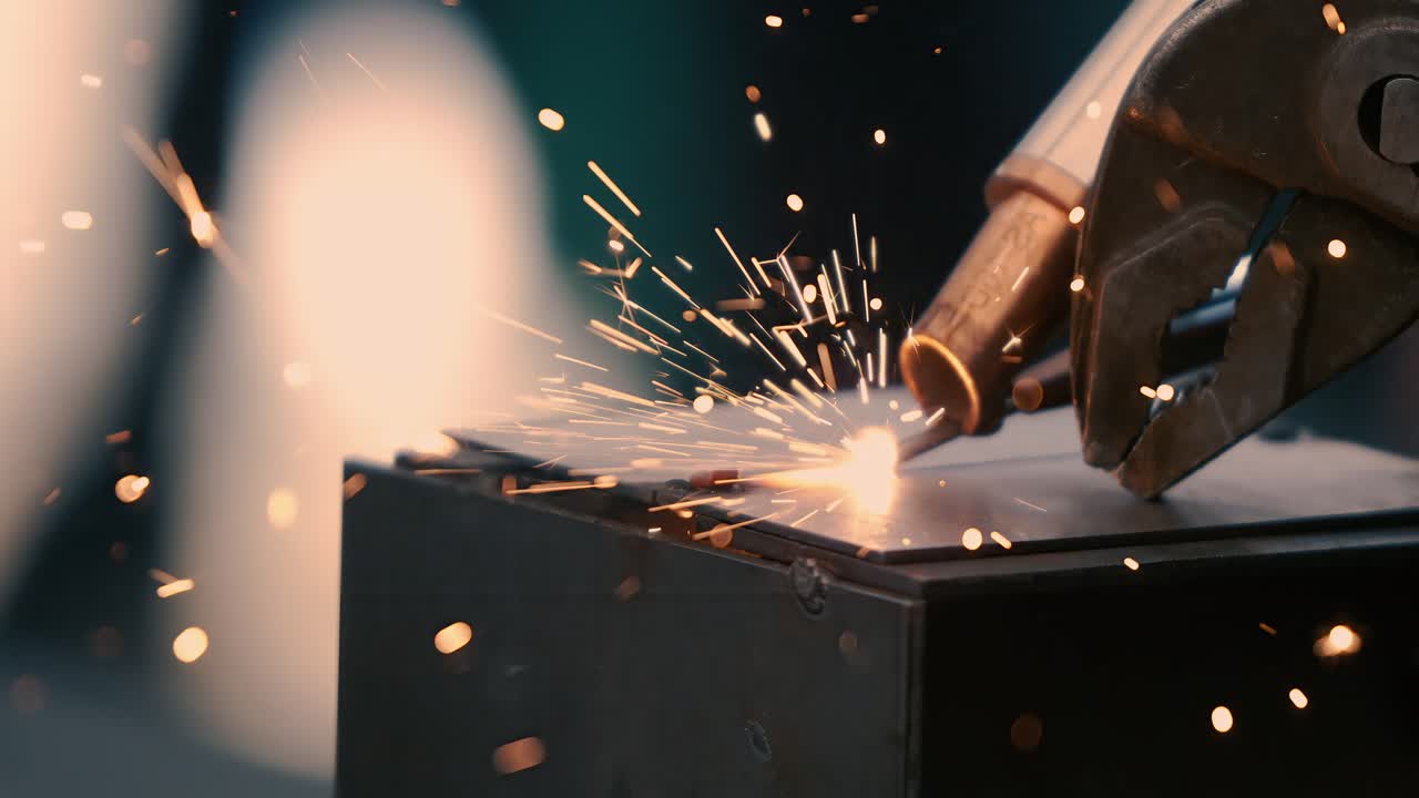 Laser welding machine. Shot on super slow motion camera 1000 fps. Laser welding is shown in close-up