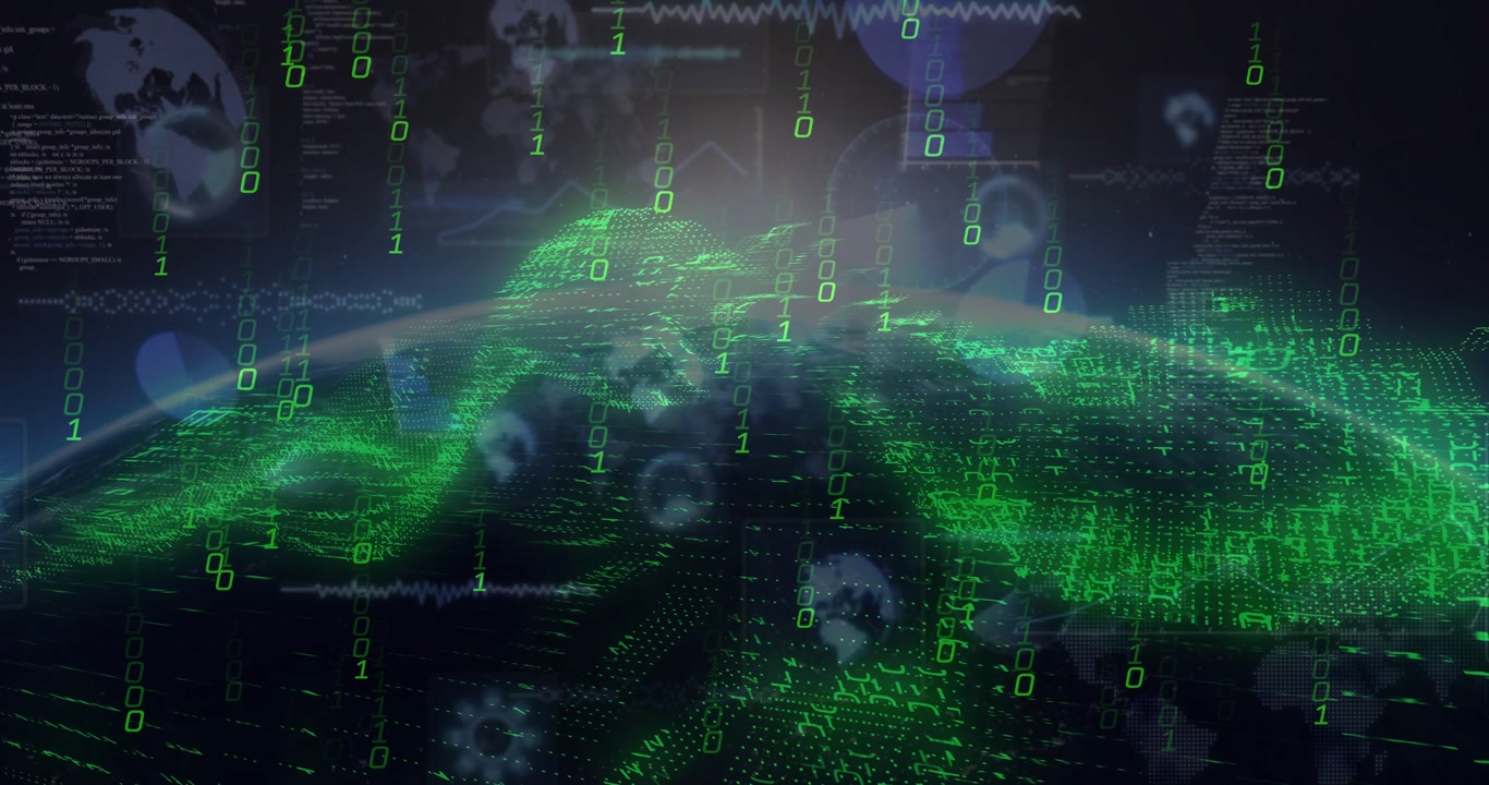 Triggered by descending binary digits, holo green globe forming, pulsing and revealing HUD overlays