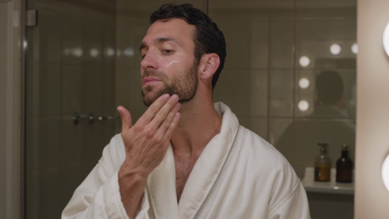 Uomo in accappatoio che si applica crema viso allo specchio del bagno