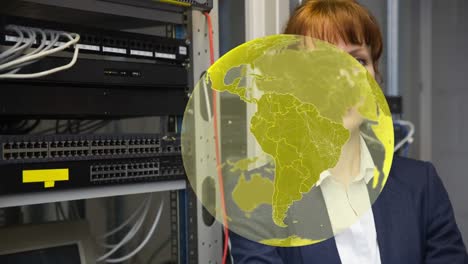 Animation-of-globe-over-caucasian-woman-in-server-room