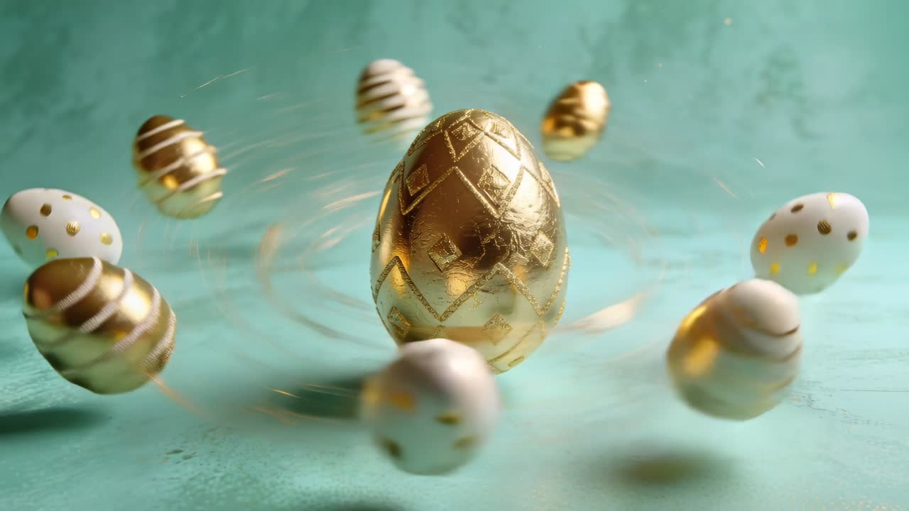 Sequence starting orbiting eggs speeding around large gold egg on turquoise cloth showing sheen