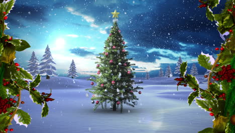 animación de decoraciones de hojas verdes y nieve cayendo sobre el árbol de navidad en el paisaje de invierno.