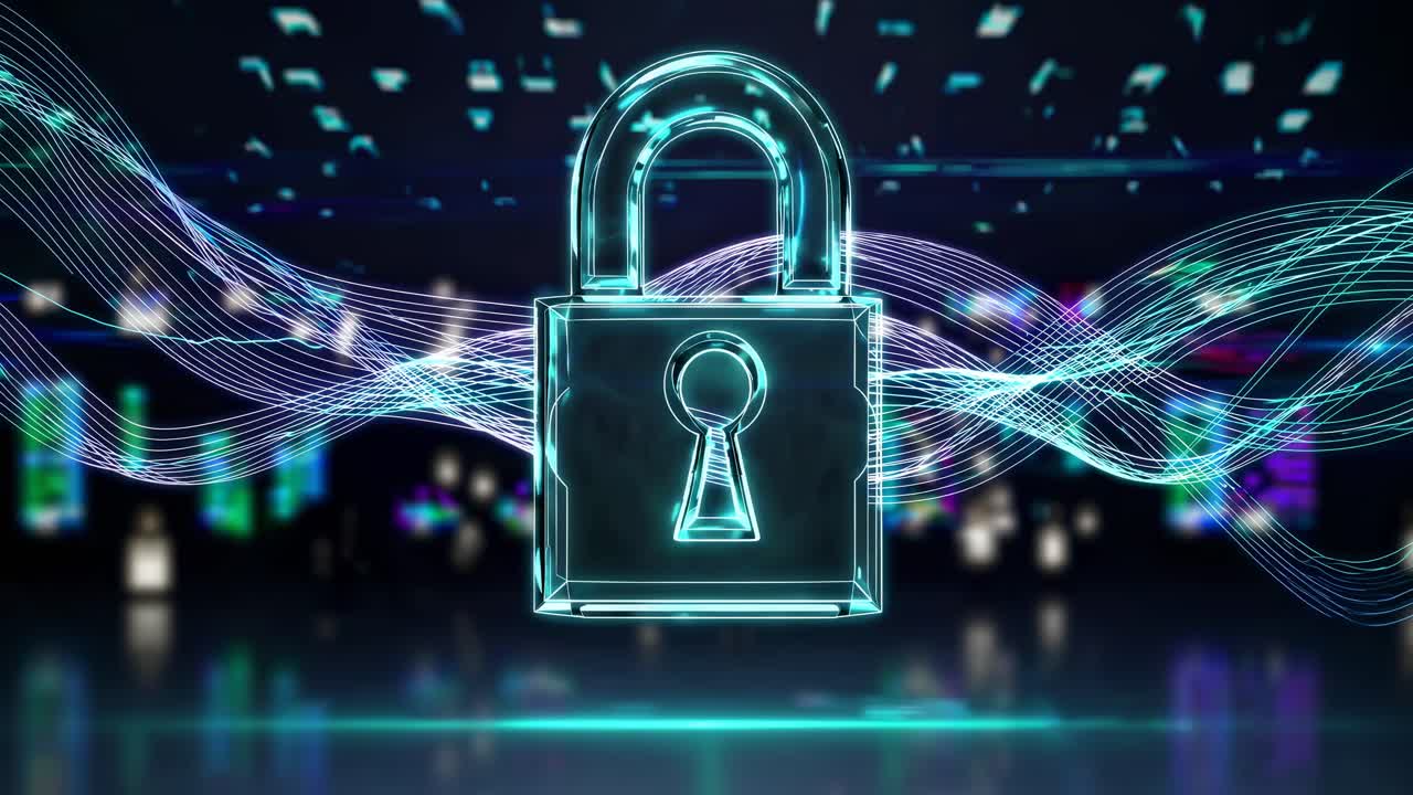 Futuristic video concept of digital security with a glowing padlock and abstract data waves