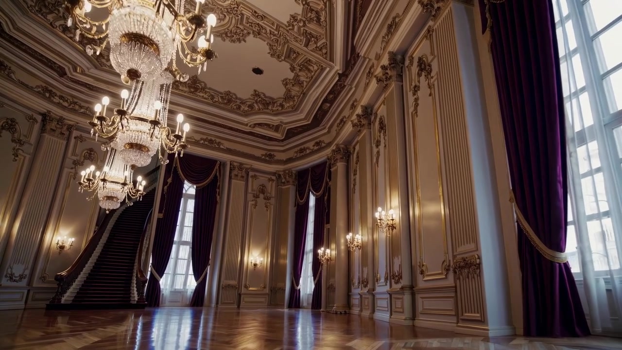 Interno lussuoso di una grande sala con decorazioni dorate ornate e lampadari