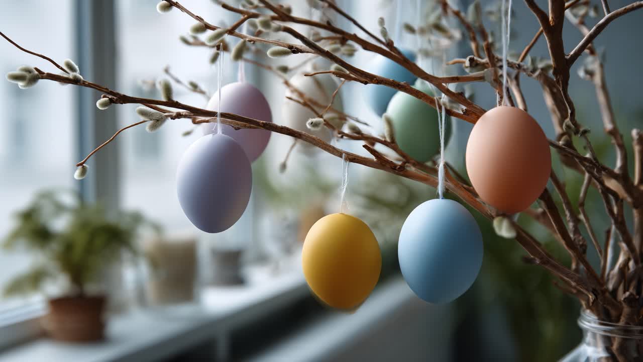 Bunte Ostereier hängen an zarten Zweigen in einer idyllischen Innenumgebung und schaffen eine festliche Atmosphäre voller Freude und frühlingshaftem Charme.