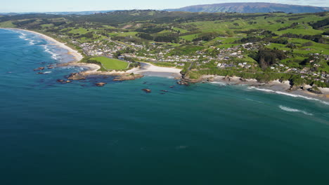 Aerial-panorama-of-serene-coast-of-Brighton-town,-South-Island,-New-Zealand