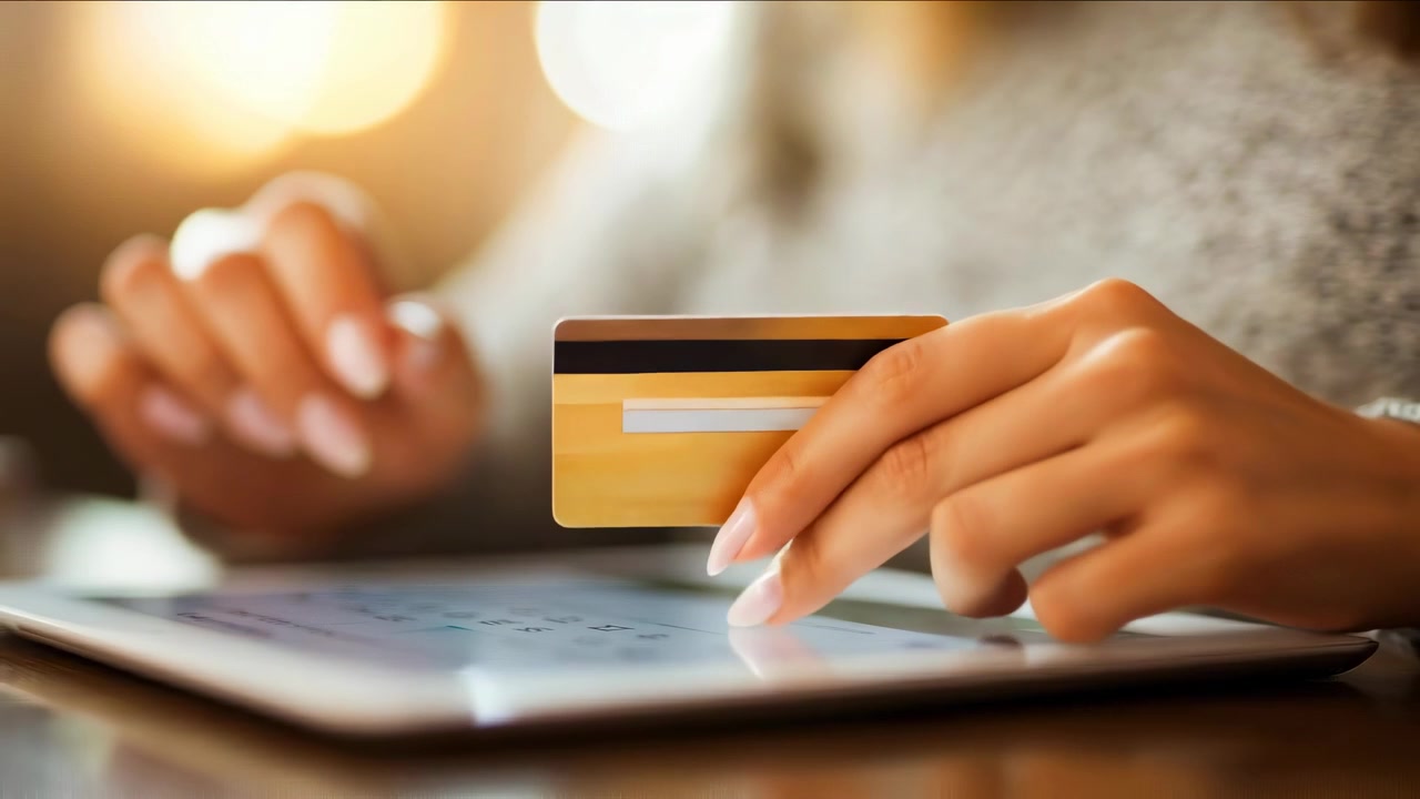 Woman Making Online Purchase with Credit Card on Tablet