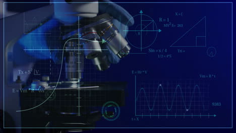 animation of scientific data processing over microscope in laboratory