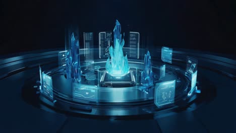 futuristic holographic display with blue energy core