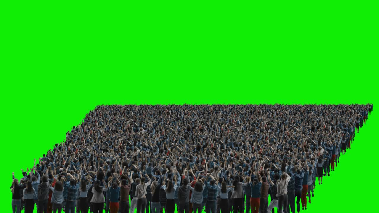 pantalla verde: multitud de personas divirtiéndose, animando, aplaudiendo, celebrando en un evento deportivo, concierto, festival, fiesta. vista trasera. clave de croma, pantalla negra, silueta de personas blancas sobre fondo negro