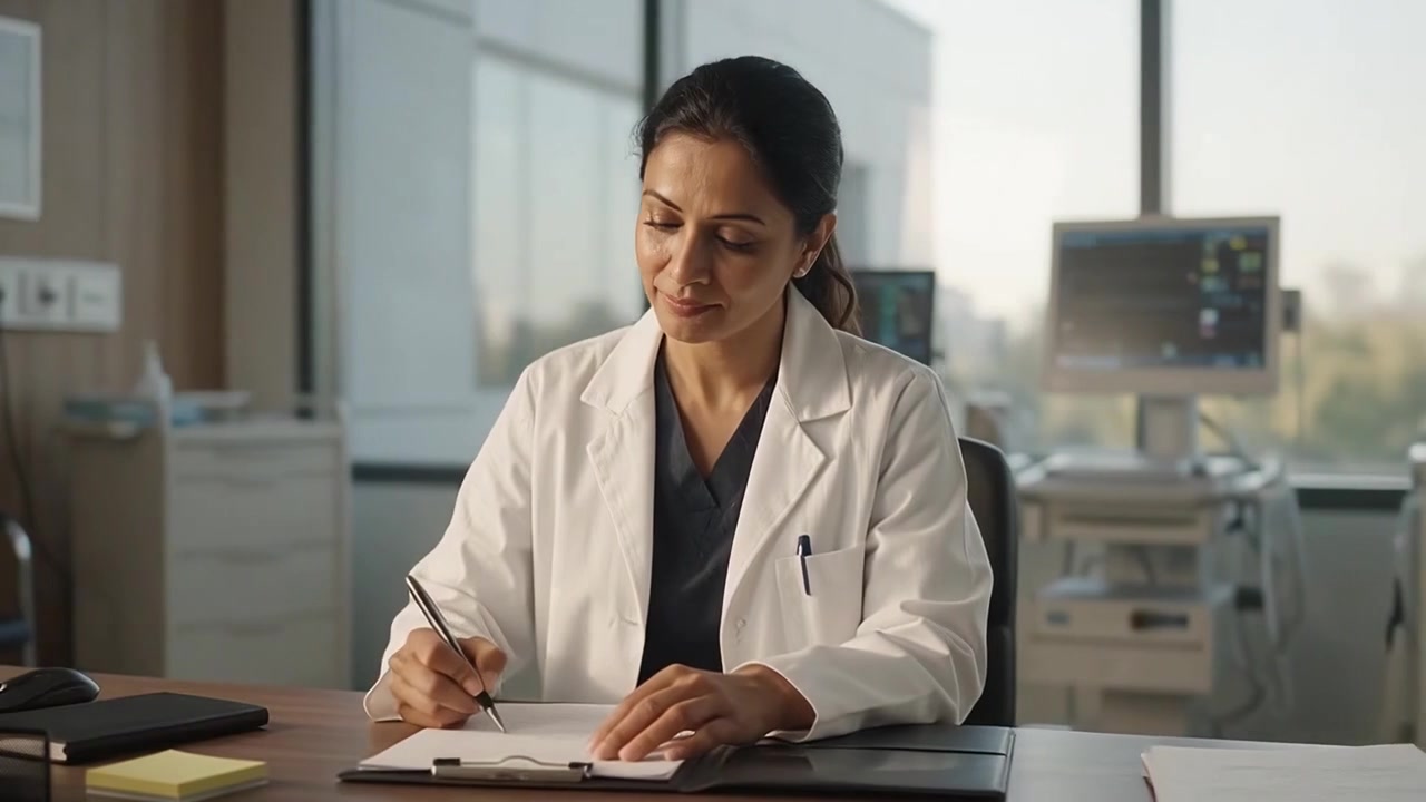 Female Doctor Reviewing Medical Records in Hospital Office