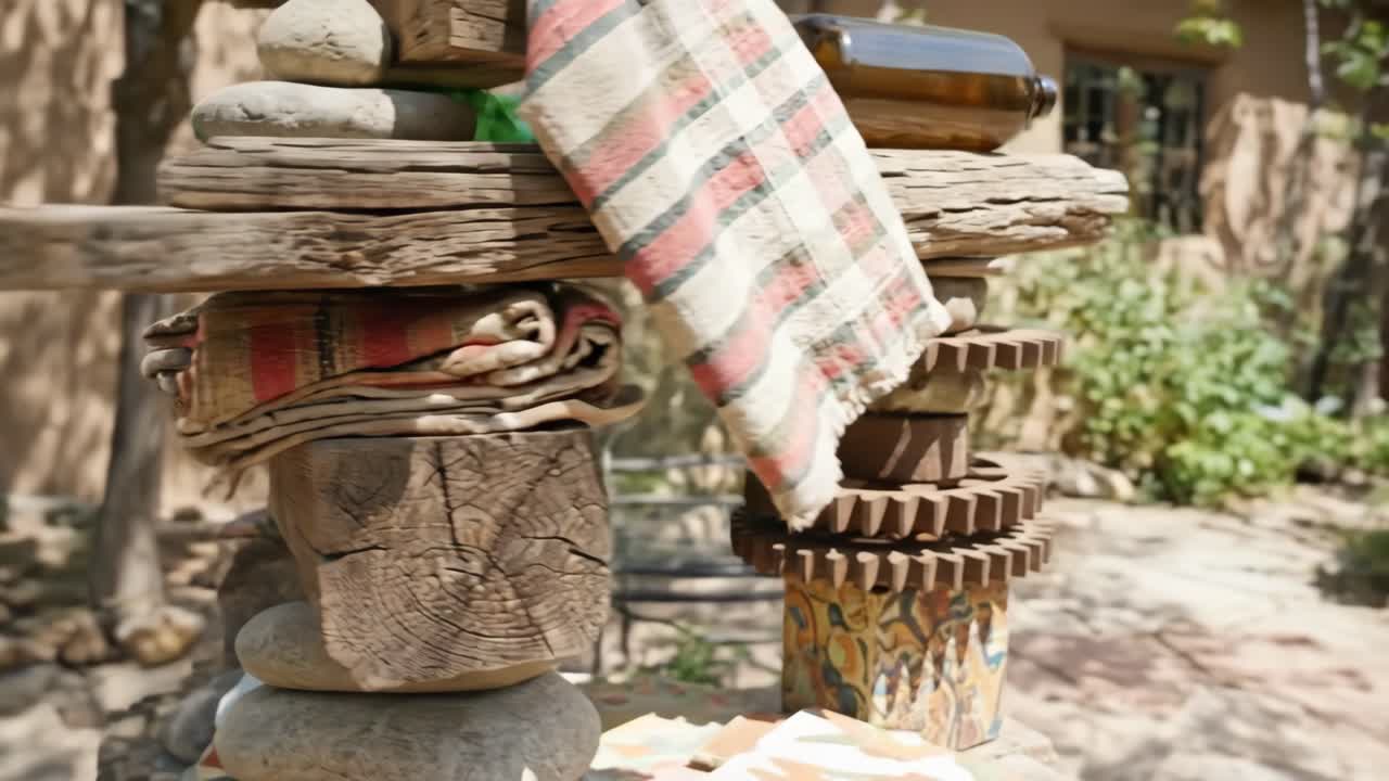 Rustikale Außenskulptur aus Holz, Felsen, Zahnrädern und Flaschen