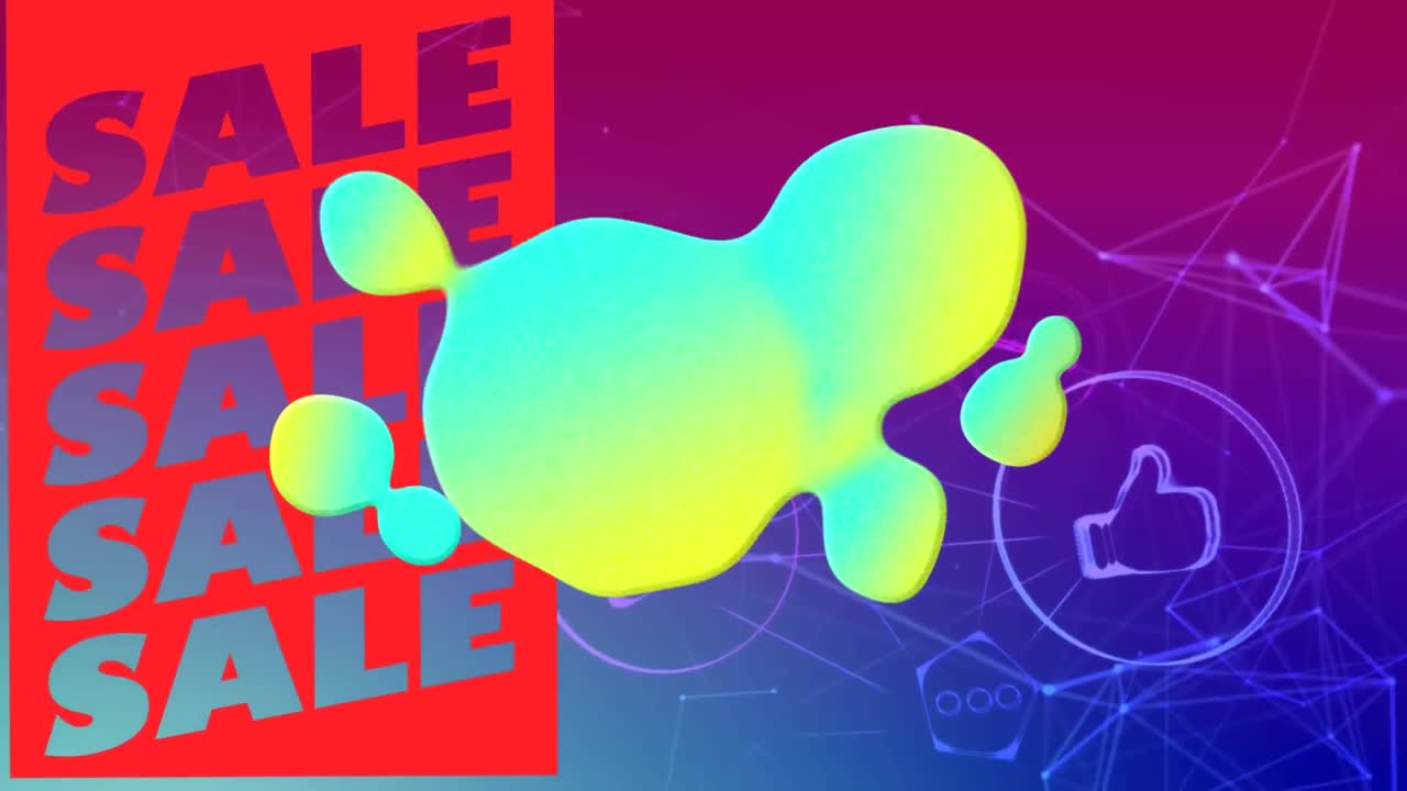 forma de gradiente con banner de texto de venta y red de iconos digitales contra un fondo de gradiente