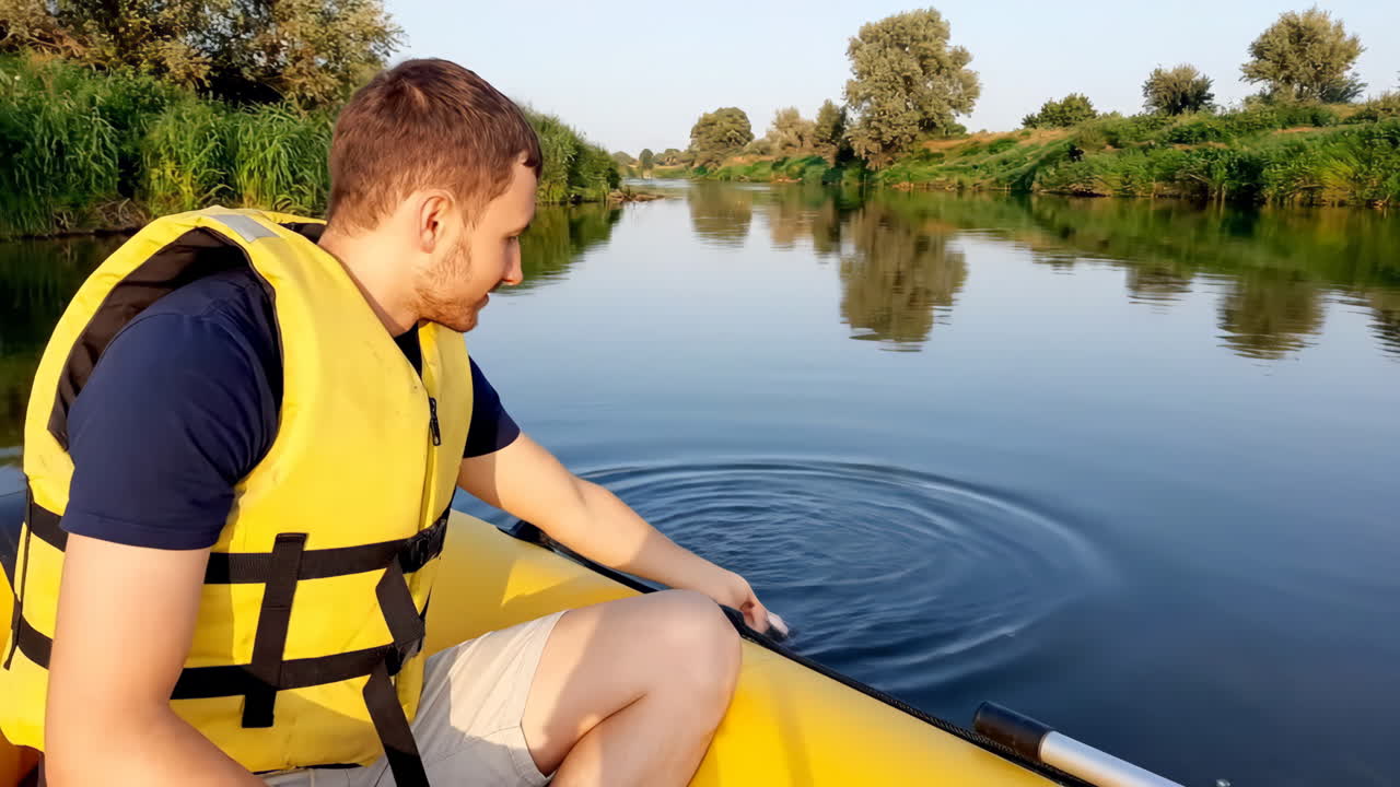 Man in life vest on inflatable boat touching river water