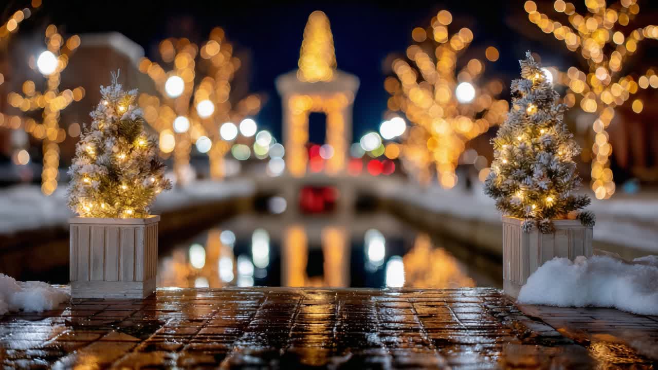A Winter Wonderland: Snowy Pathway with Sparkling Lights and Festive Decor Reflecting in a Serene Waterway During a Magical Night