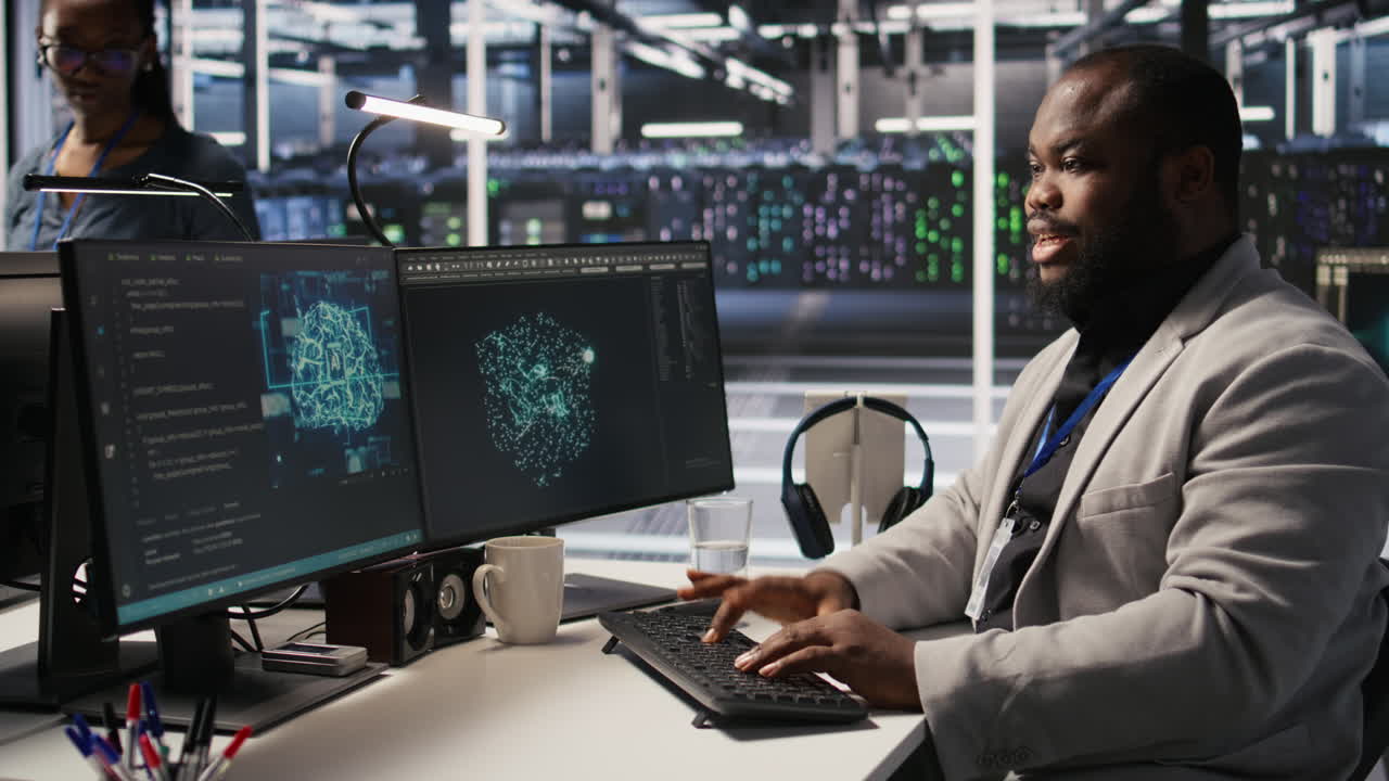 Vertical video Cheerful data center worker dancing from joy after finishing servers maintenance