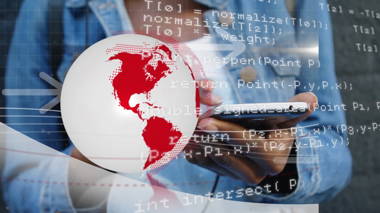 Animation of globe and data processing over african american woman using smartphone