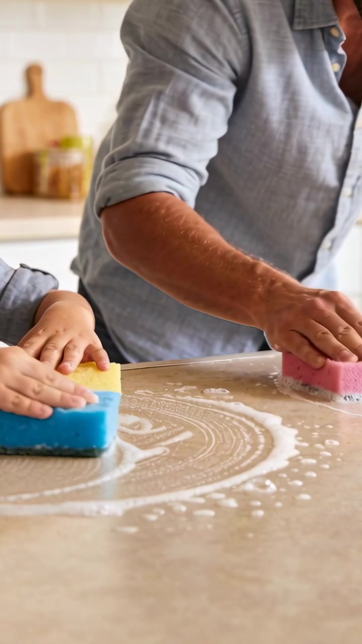 Child and dad pressing yellow and pink sponges on counter, cleaning with motion suds expanding