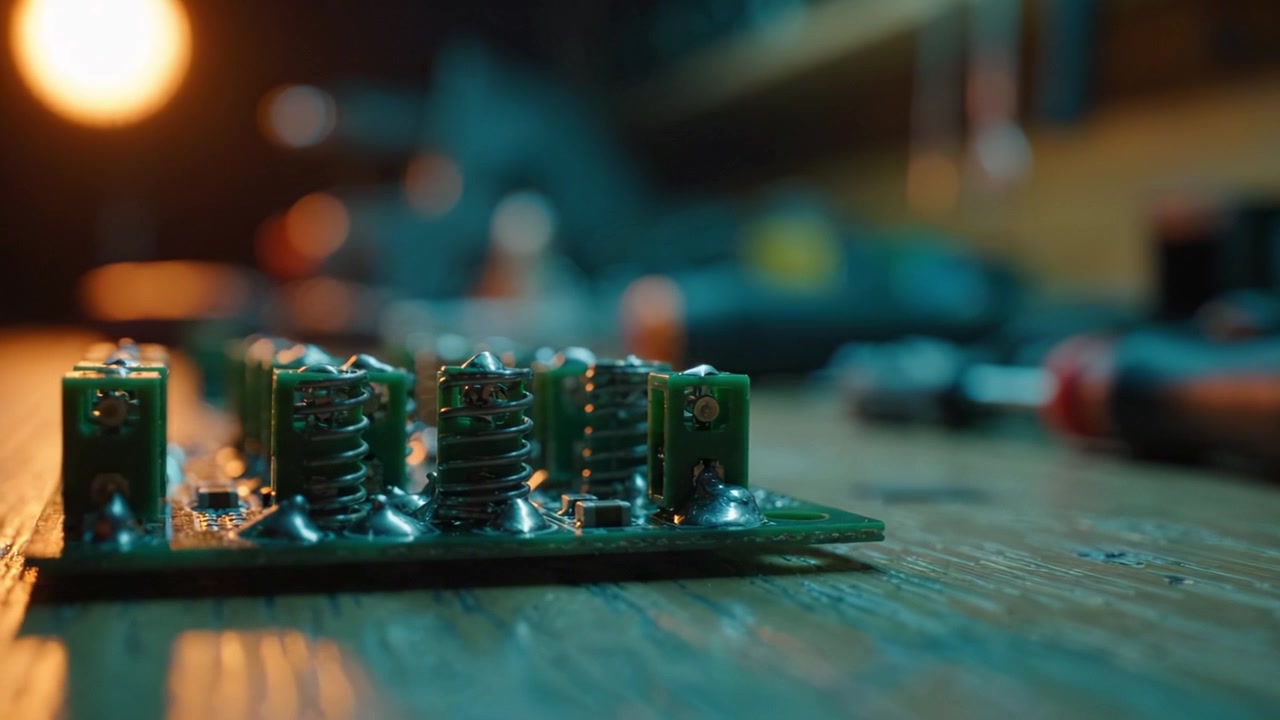 Close-up View of Electronic Circuit Board with Springs Showcasing Intricate Details and Workshop Environment Illuminated by Warm Light in Background
