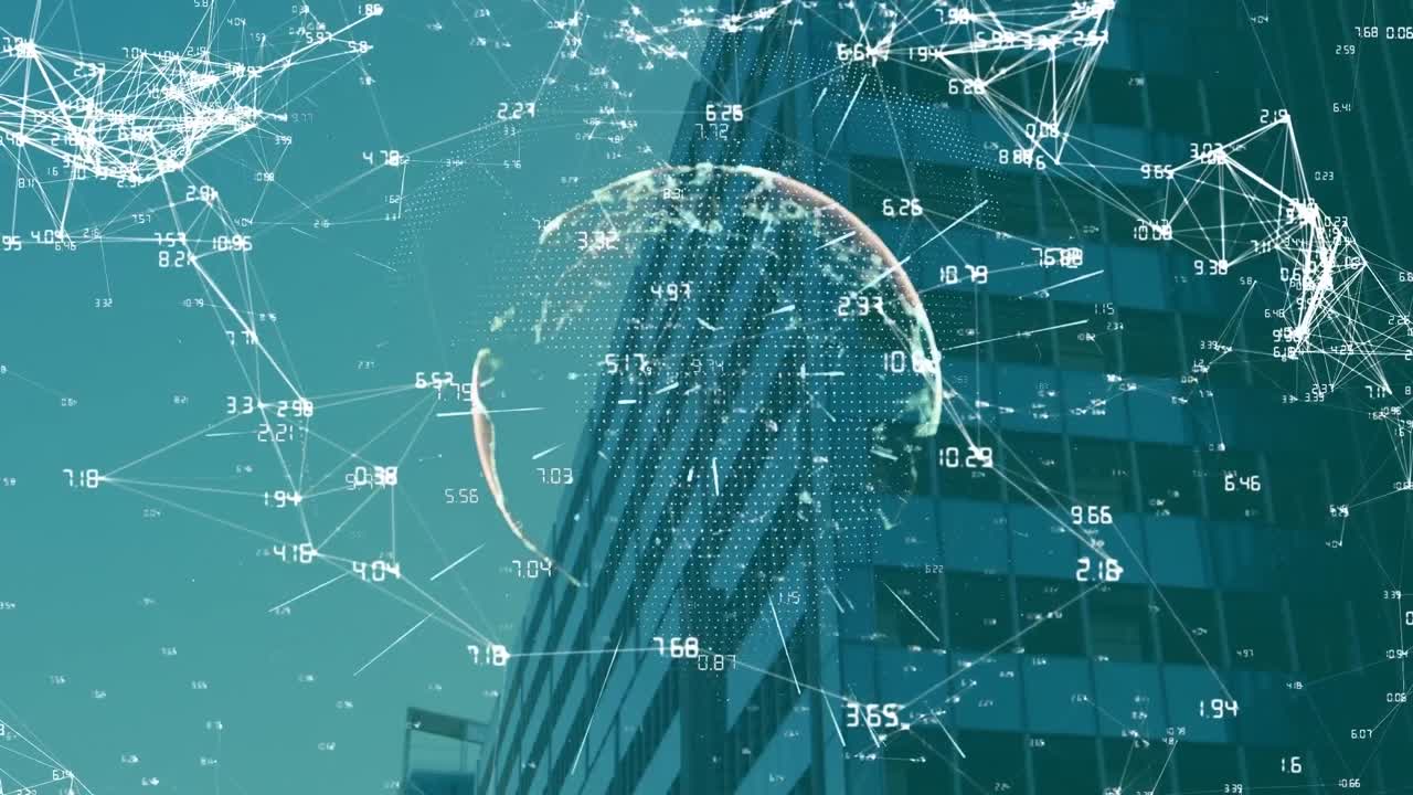 도시 풍경 위의 지구와 연결된 네트워크의 애니메이션