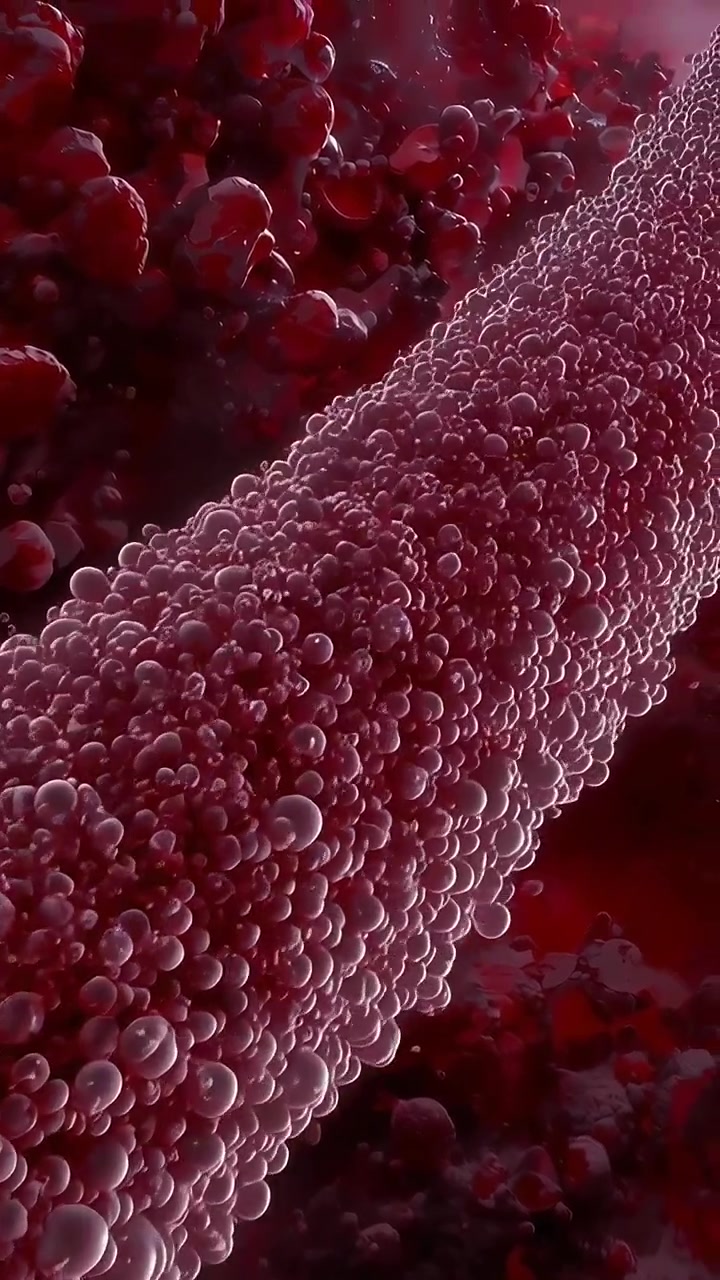 Vertical video: Panning camera along maroon cylinder in microchannel, revealing vesicles, clusters