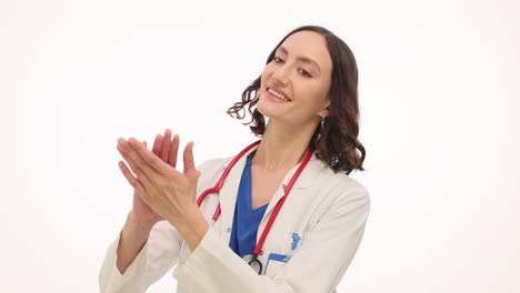 female doctor clapping and smiling on white background