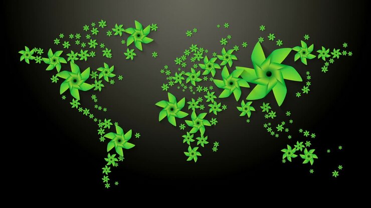 анимация карты мира, состоящая из зеленого колеса